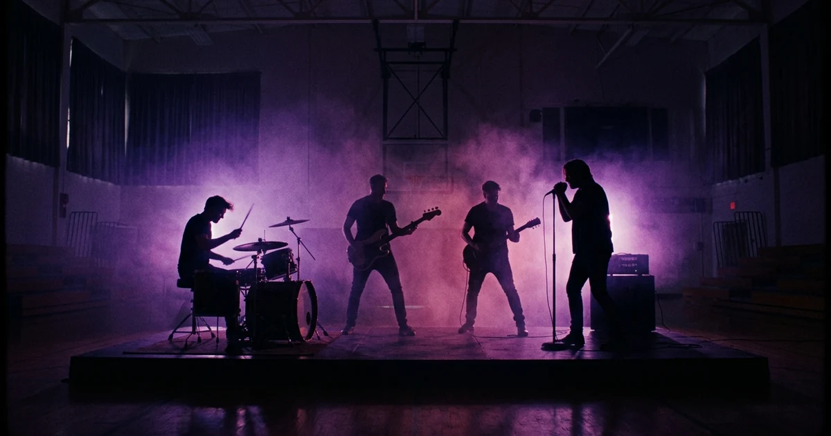 A grainy 1990s-style frame of a band silhouetted in a smoky school gymnasium, washed colour and heavy film grain, half in shadow.