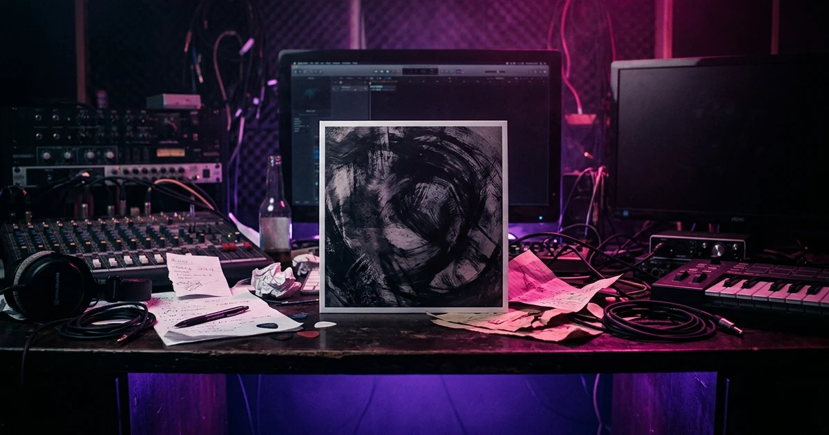 A cluttered desk in a dark studio, a square print of abstract cover art propped against a monitor, magenta rim light raking across paper offcuts and a violet glow from below.
