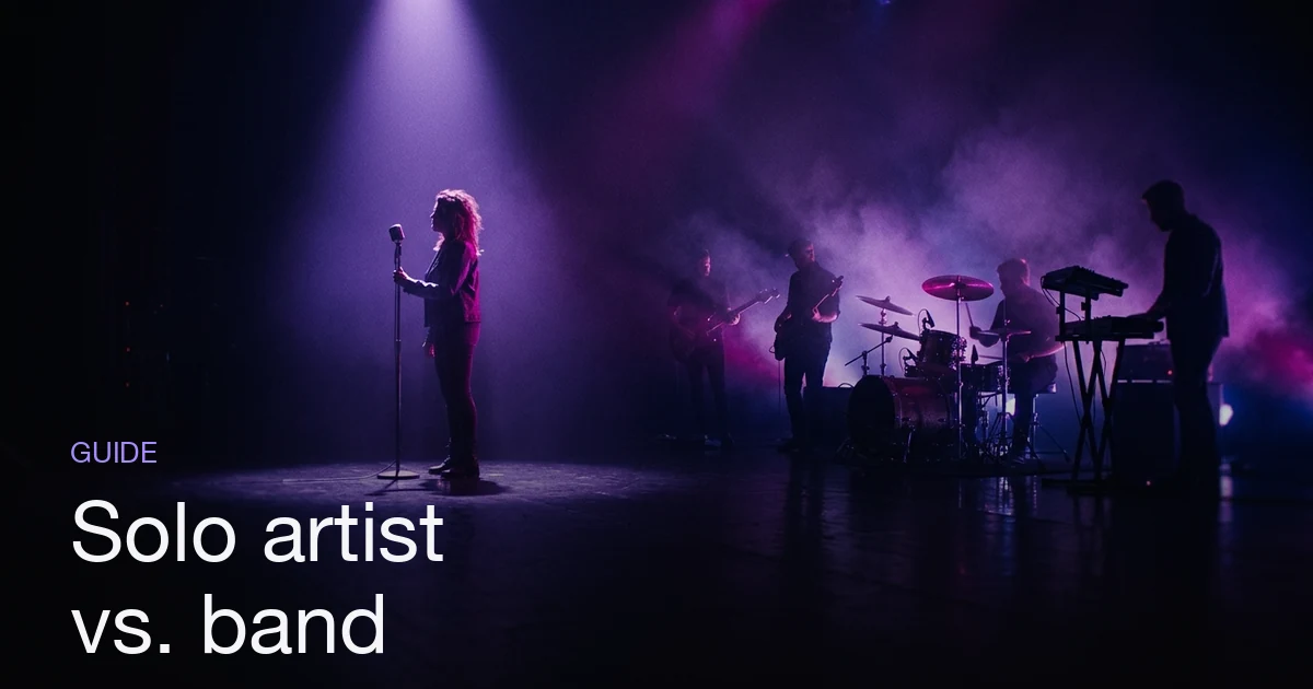 One solo figure and a four-piece band lit in violet stage haze, side by side, illustrating solo artist vs band AI music video production.