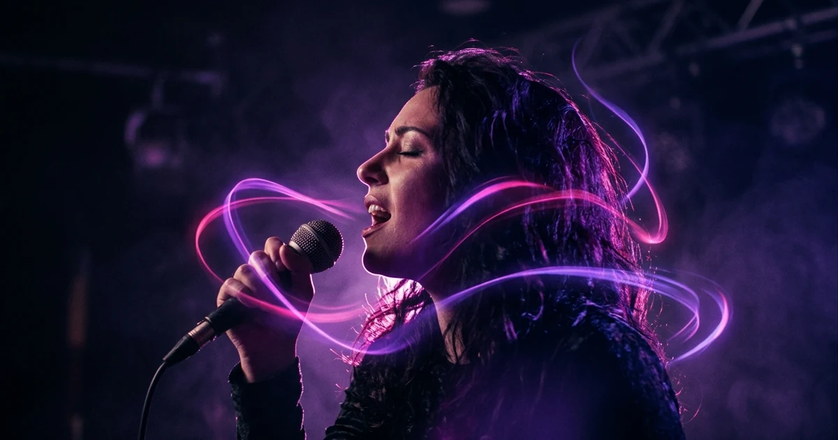 A close-up of a singer's face in profile mid-note under violet stage light, ribbons of magenta light curling around her.