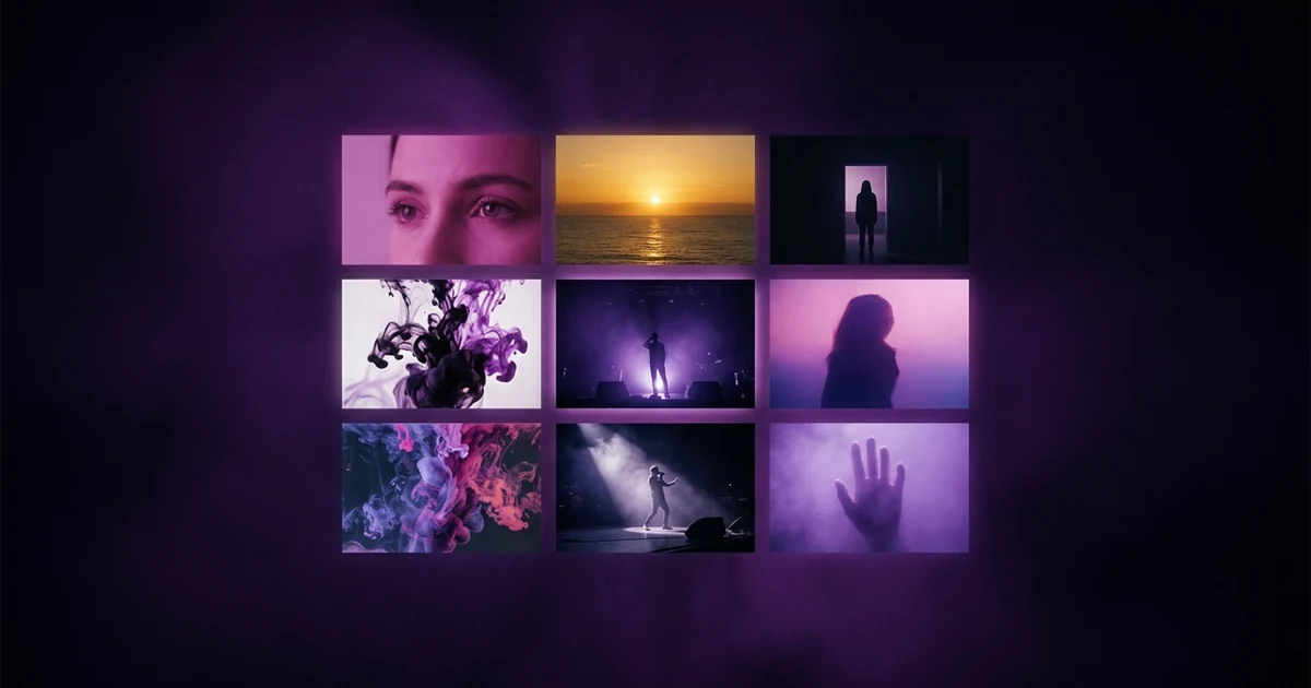 A grid of nine small glowing cinematic frames: a magenta-lit close-up of eyes, a sunset over the sea, a silhouette in a doorway, swirling violet ink, a stage performance and a hand in violet mist.