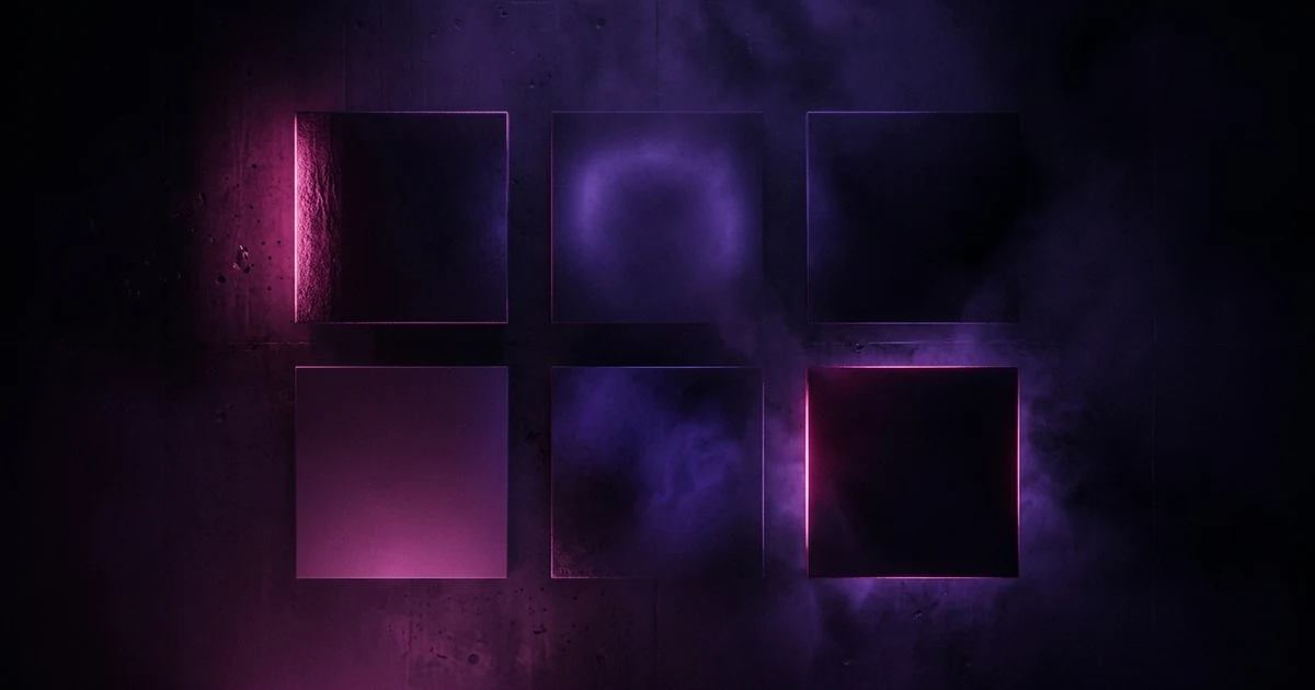 Six blank square panels arranged in a grid on a dark studio wall, each lit differently in violet and magenta — one hard side light, one soft glow, one deep shadow — with no text or lettering anywhere in the scene.