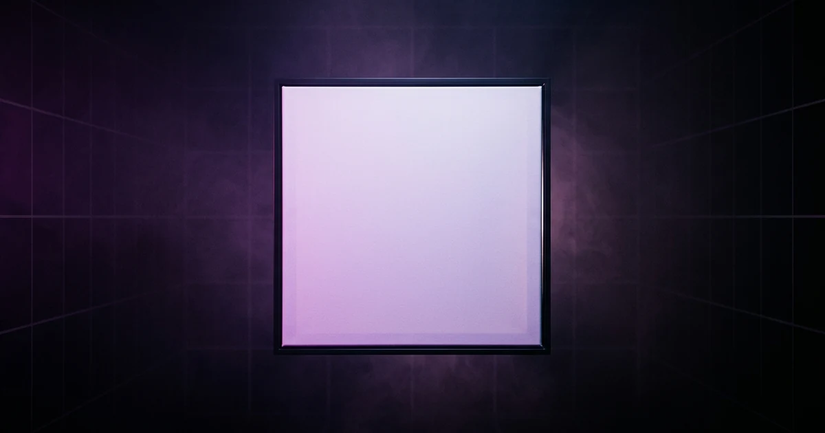 A perfect square canvas floating in a dark studio, lit hard from camera-left in violet and magenta, faint grid lines falling away into black behind it, no text or lettering anywhere in the scene.