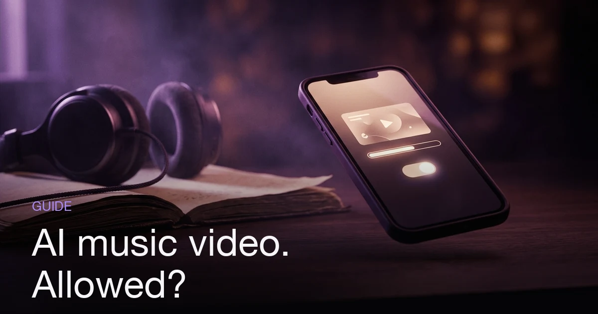 A phone held over a dark desk showing a video upload screen with a disclosure toggle, headphones and a notebook beside it in soft window light.