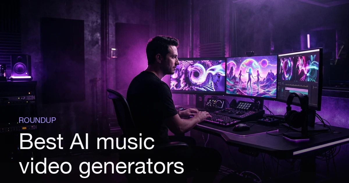 A creative workspace with multiple screens showing AI-generated music video scenes in violet cinematic lighting.