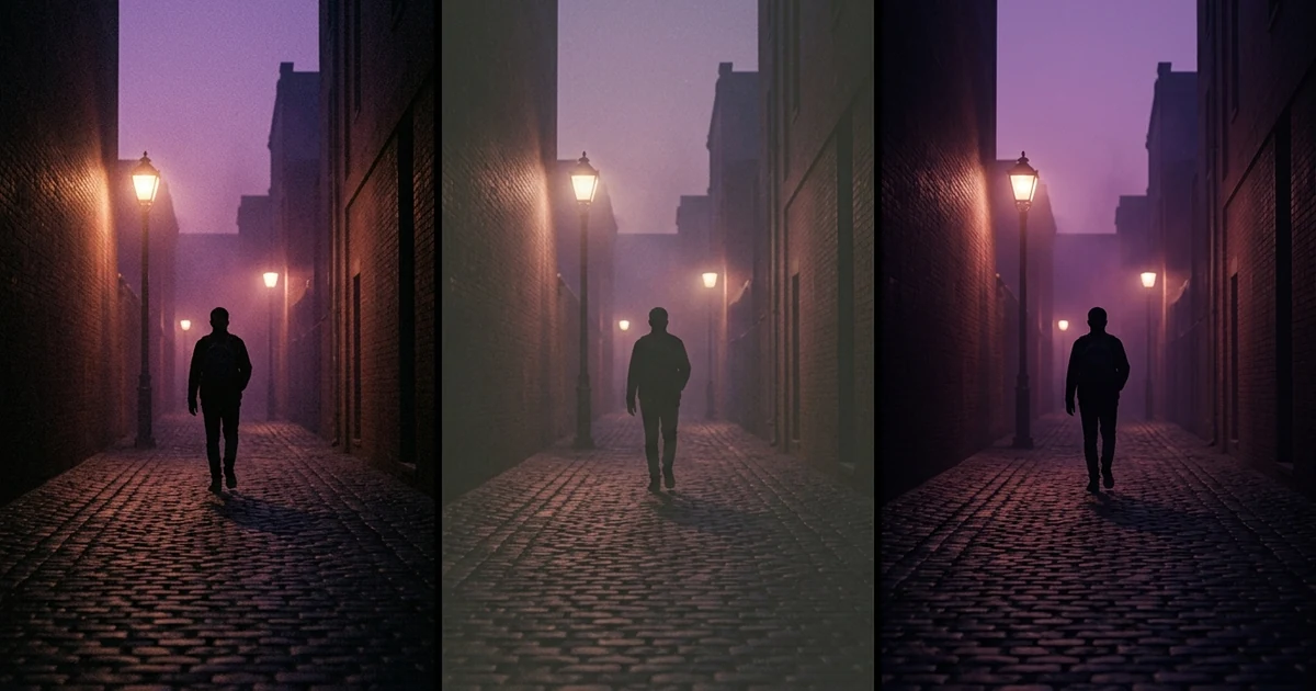 Three panels of the same dusk alley with a lone walking figure: warm grainy film colour, a faded muted tape look and a clean digital look.