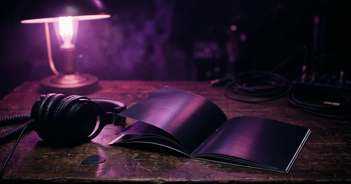Two glossy booklets fanned on a dark wooden desk beside headphones and a guitar pick, in warm violet lamp light.