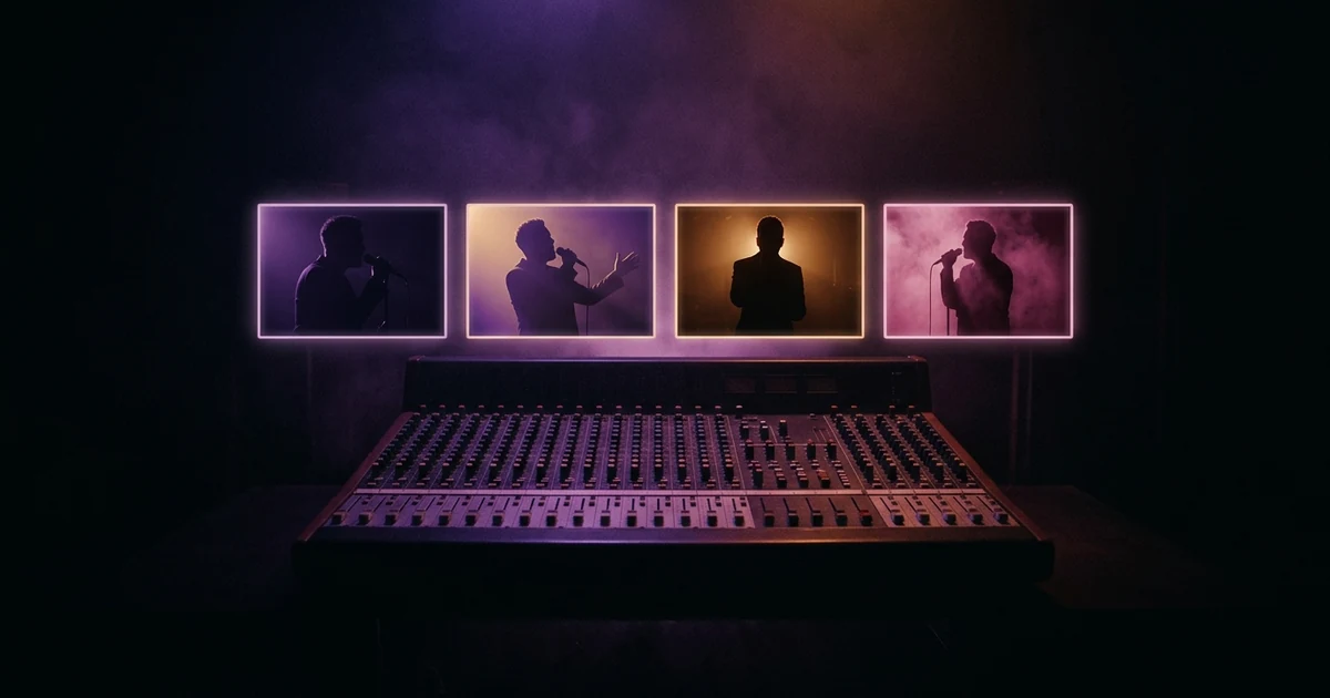 A mixing desk in a dark studio with a row of four glowing frames floating above it, each a different violet, amber or magenta still of a silhouetted singer.