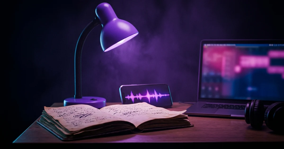 A songwriter's desk lit by a single violet lamp — a battered notebook of handwritten lyrics, a phone playing a waveform, a laptop screen glowing magenta just out of focus, no readable words anywhere in the scene.