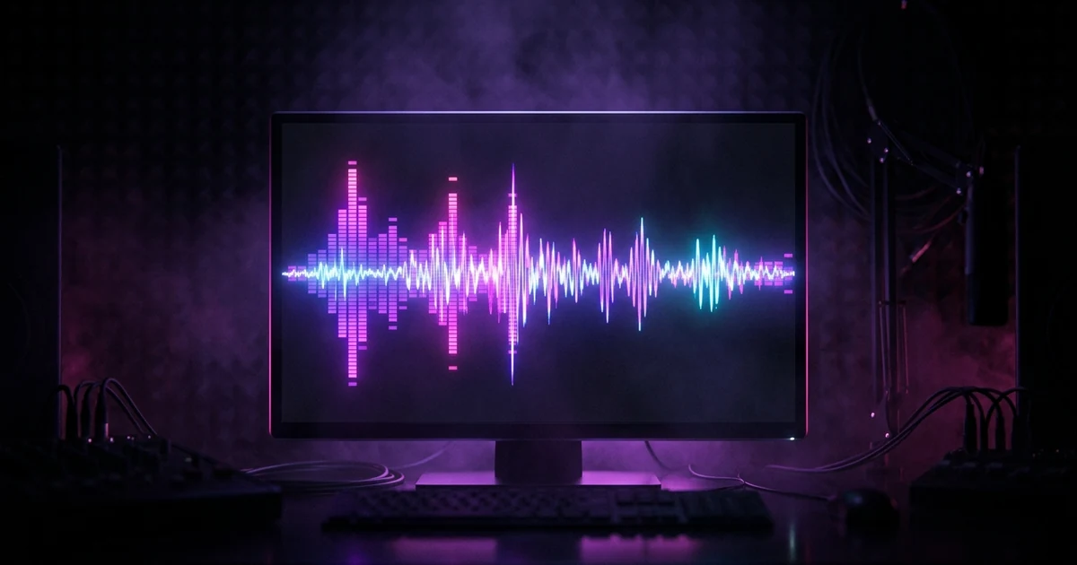 Glowing violet spectrum bars and a waveform reacting across a dark widescreen display in an unlit room.