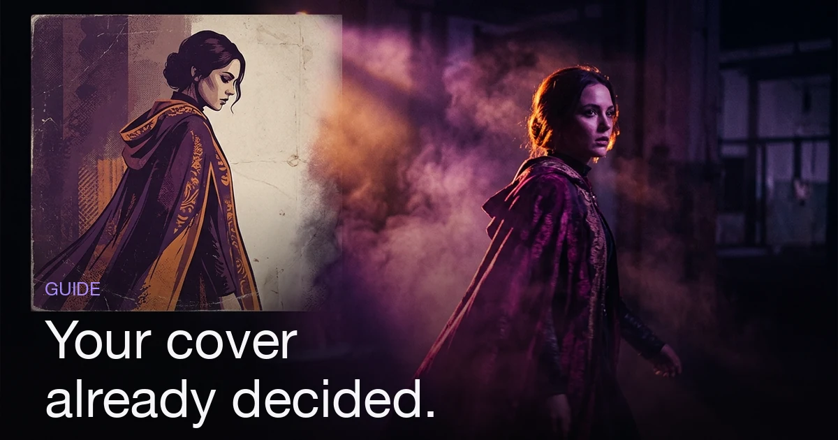 An album cover dissolving into a filmed scene — flat printed artwork on the left, the same subject as a cinematic frame on the right, sharing one violet and amber palette.