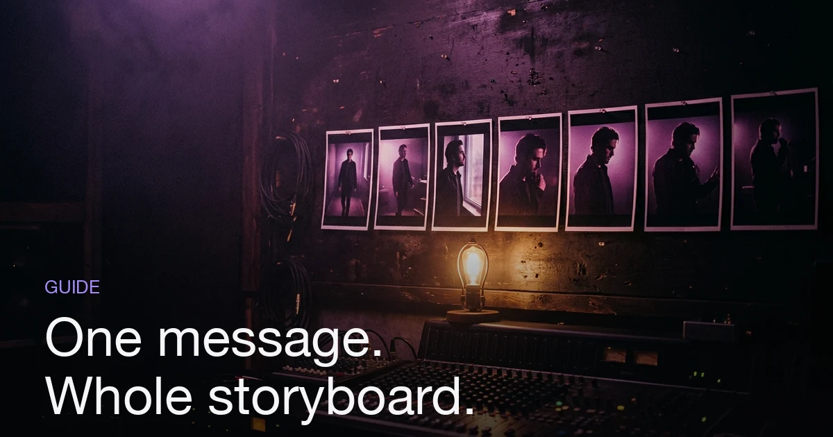 A row of storyboard cards pinned along a dark studio wall above a mixing desk, each card a different cinematic still of the same figure, lit by a single warm bulb.