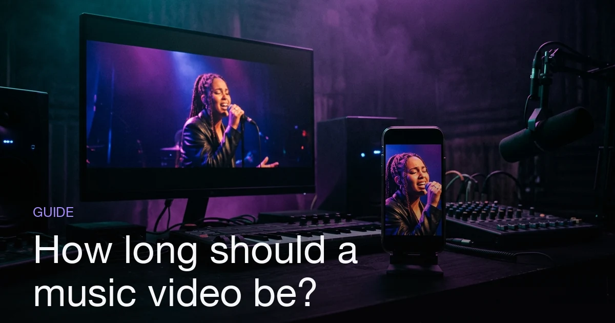 A phone standing vertically beside a widescreen monitor, both showing the same music-video frame at different crops, on a dark studio desk under teal and violet light.