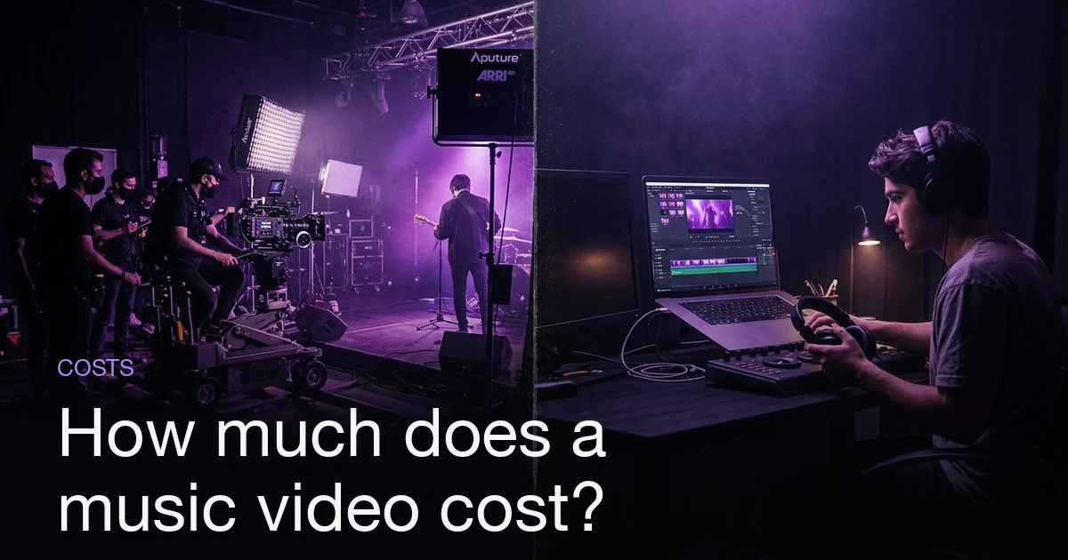 A split scene comparing an expensive film shoot with crew and lights against a laptop generating a music video.