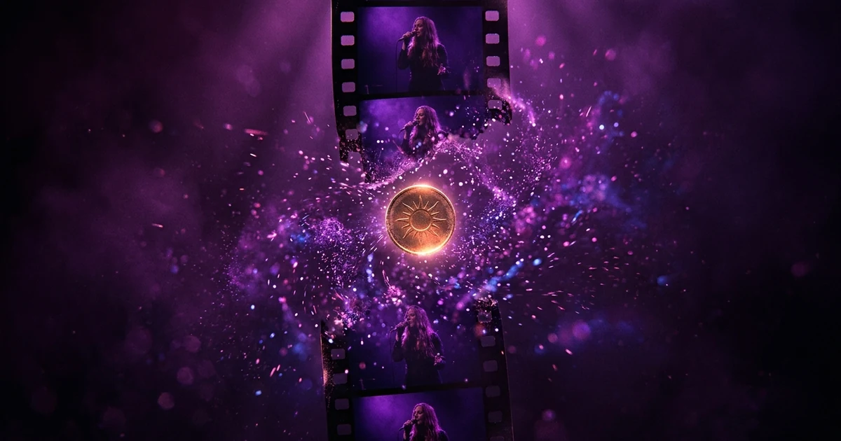 A strip of film frames of a singer dissolving into violet and magenta light particles, with a glowing brass coin at the center.