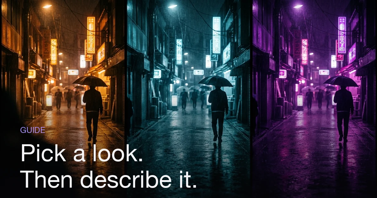 The same rain-slick neon street rendered three times side by side in three different colour palettes — sodium orange, cold cyan and deep violet — with wet reflections.
