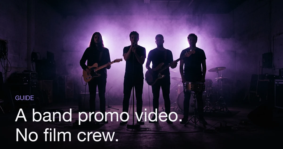 A four-piece band silhouetted against violet stage light in a hazy rehearsal room — the look of a band promo video made without a film crew.