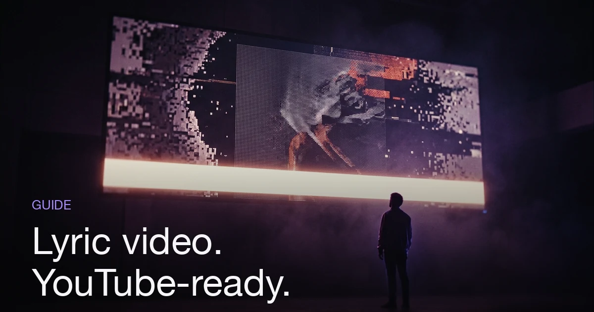 A cinematic 16:9 screen in a dark room with a bright caption band across it, illustrating how to make a lyric video for YouTube.