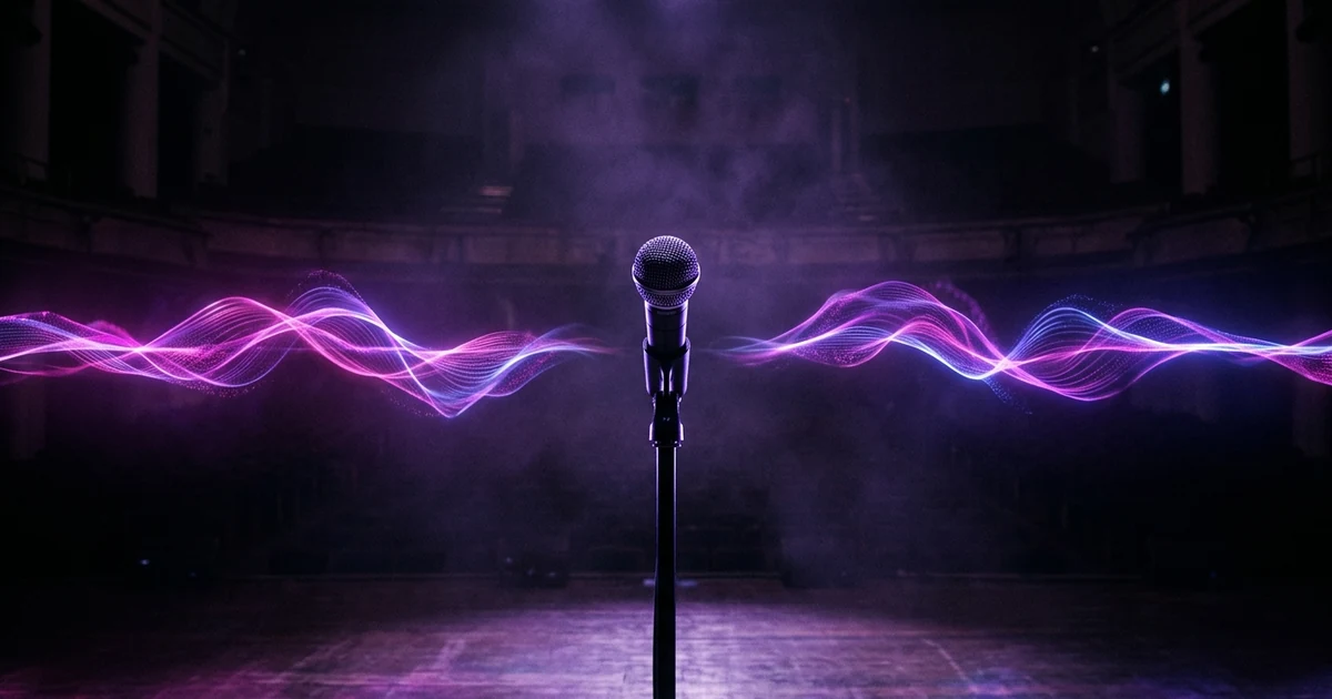 A dark concert hall with a glowing audio waveform made of light ribbons across the space and a lone microphone at the center.