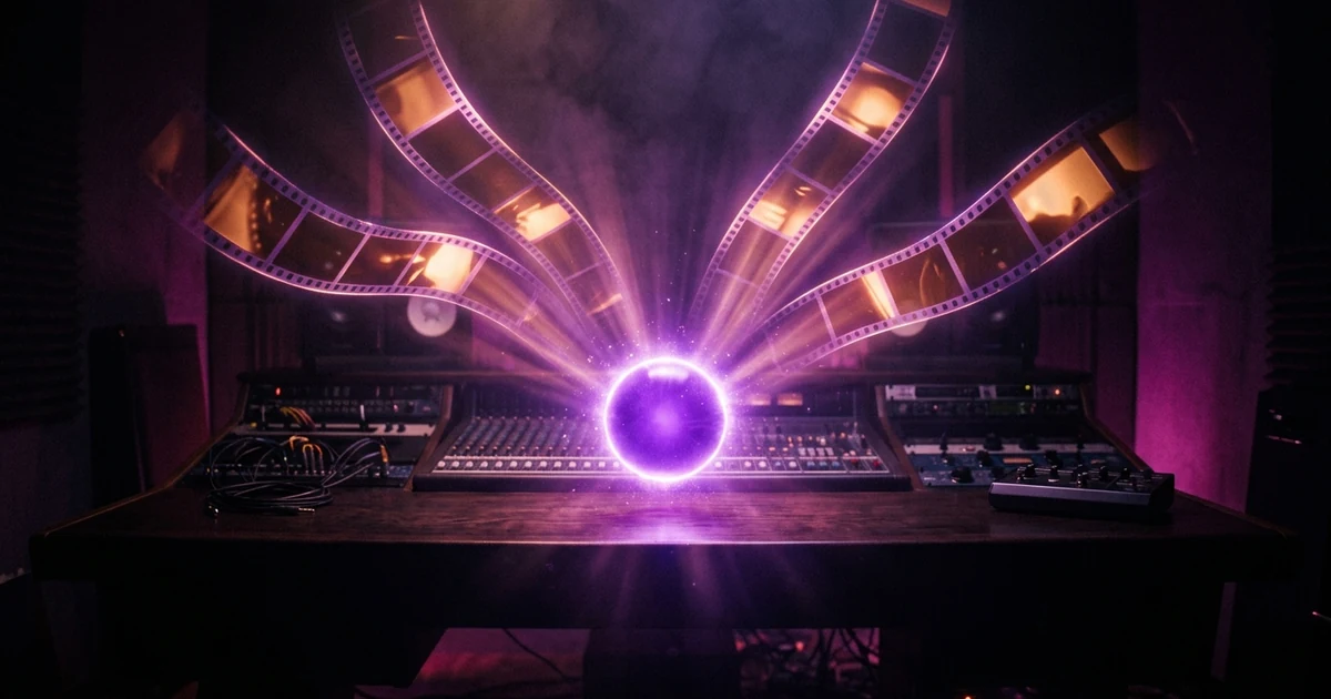 A single glowing violet orb floating above a dark studio desk, its rays unfolding into cinematic frames with warm amber accents.
