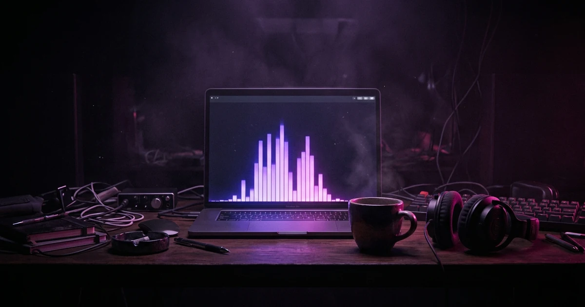 A cluttered desk at night lit only by a laptop screen, violet and magenta bars rising from the bottom of the display, a coffee cup and a pair of headphones in the magenta rim light, no text or lettering anywhere.