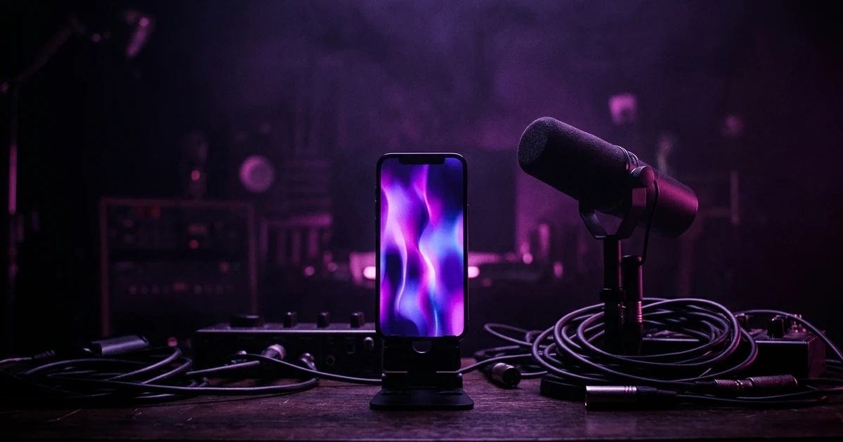 A phone standing upright on a dark studio desk beside a condenser microphone and a tangle of cables, its vertical screen glowing violet and magenta with an abstract moving clip, the room behind it in deep shadow, no text or lettering anywhere.