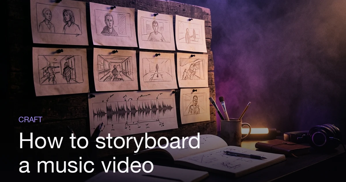 Hand-sketched music video storyboard panels pinned beside a song waveform timeline on a creative director's desk.