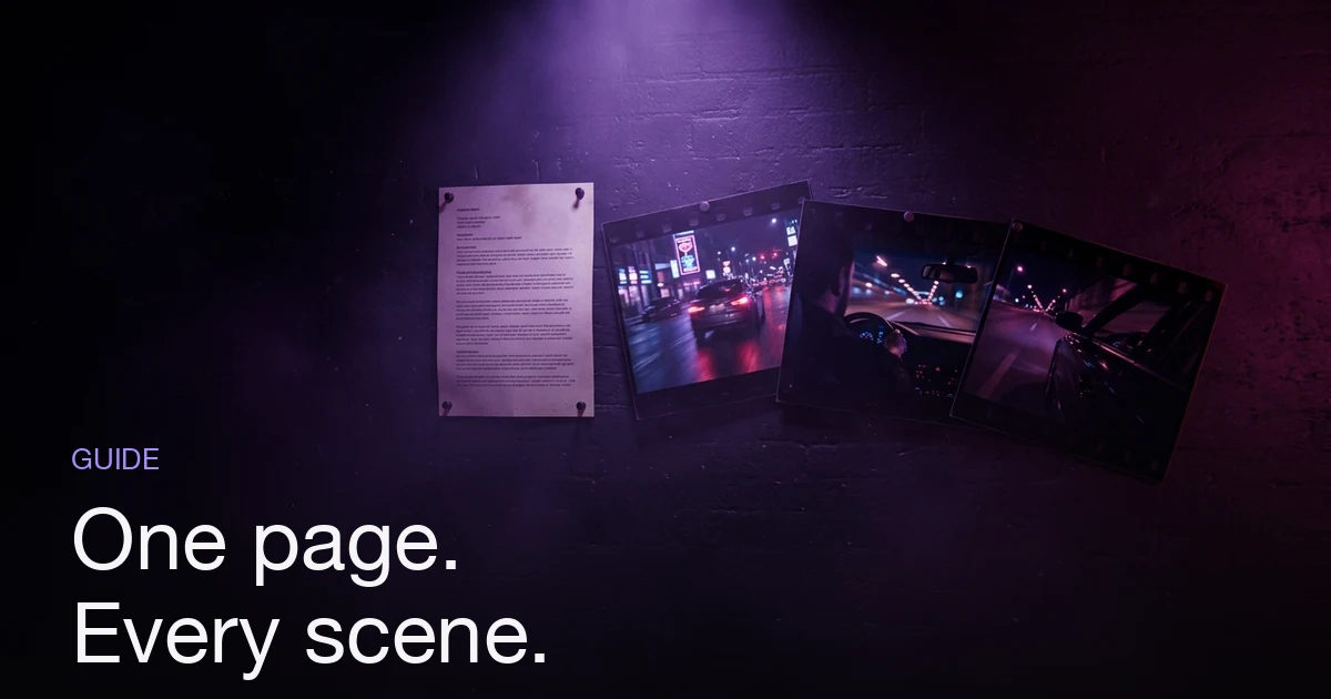 A one-page video brief pinned to a dark studio wall under violet light, beside three film frames from the same night-drive scene — the video brief template for an AI music video director.