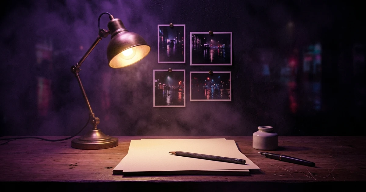 Printed pages on a desk under a warm lamp beside four pinned photographs of a rain-lit night street, a pencil lying across them.