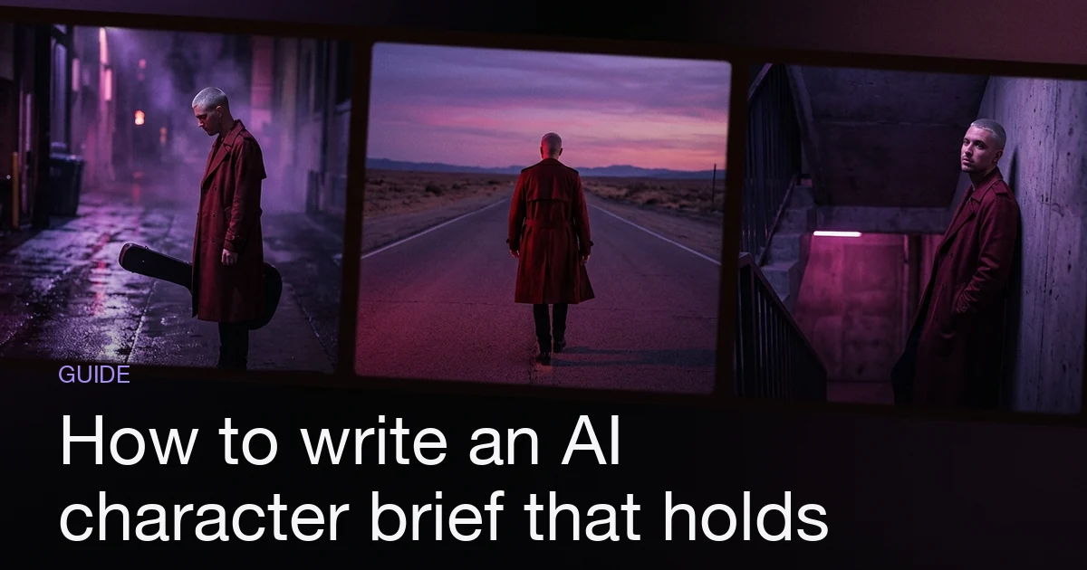 The same figure — cropped silver hair, long oxblood coat — shown in three different music-video scenes: a rain-slicked alley, a desert road at dusk, and a concrete stairwell.