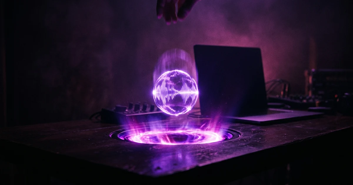 A glowing violet audio waveform orb dropping into a luminous portal on a dark desk, with a laptop silhouette behind.