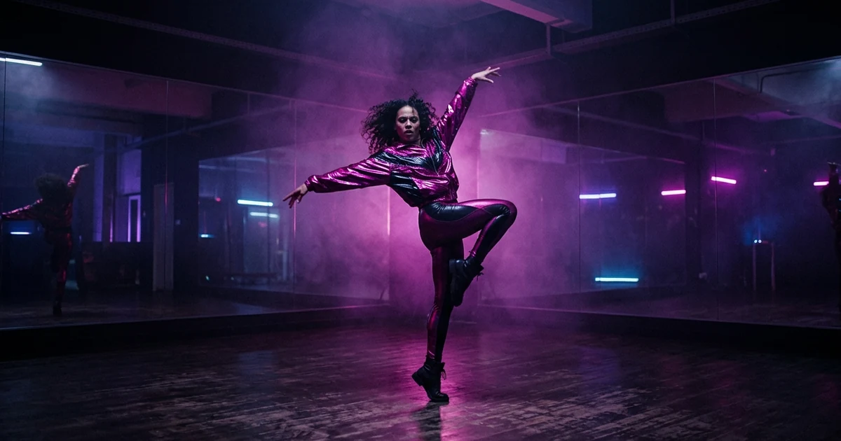 A neon-lit dance rehearsal room with mirrors and a single performer in a bold glossy jacket mid-pose, in magenta and violet.