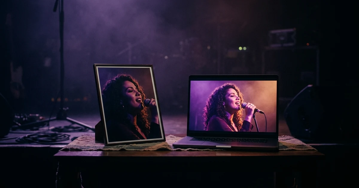 A printed portrait photo of a singer propped beside a laptop on which the same face glows, singing, in violet and amber light.