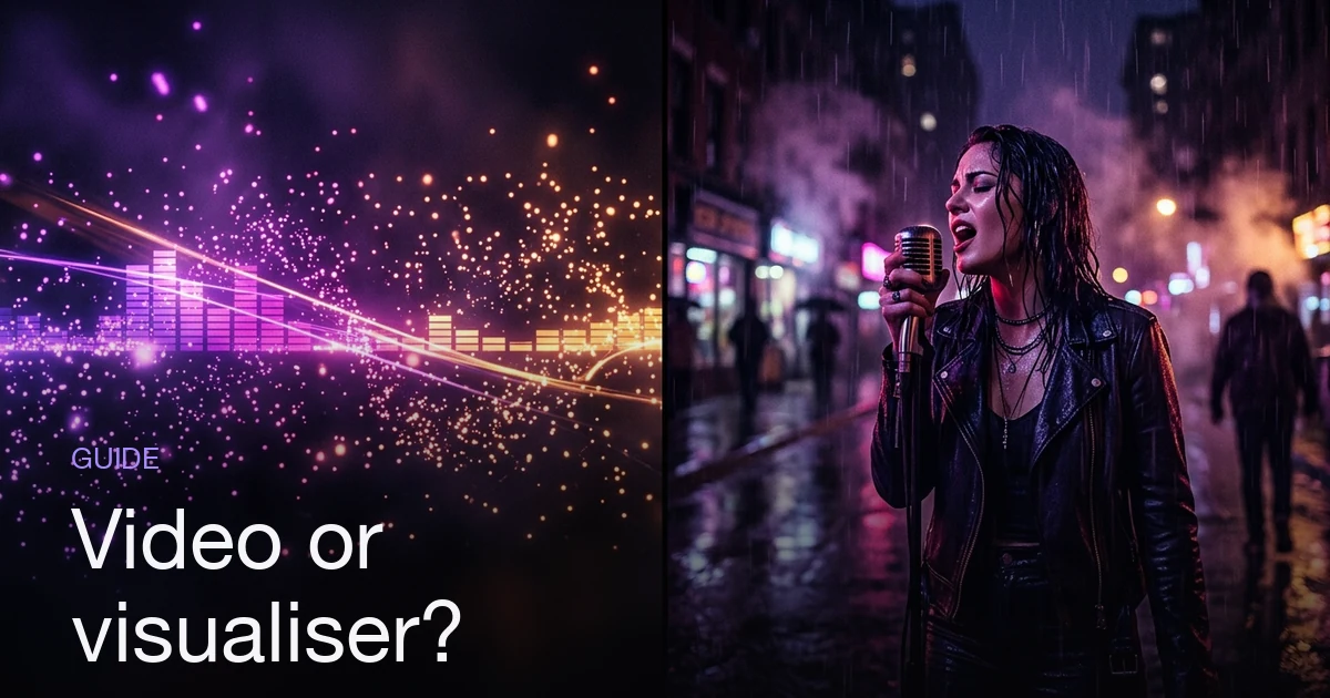 Split frame: glowing abstract spectrum bars and particles on the left, a singer performing into a microphone on a rain-soaked neon street on the right.