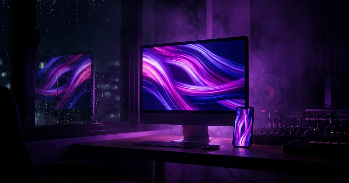 A dark room at night, a desktop monitor glowing with abstract violet and magenta spectrum ribbons reflected in a window, a phone face-up on the desk showing a tall vertical loop of the same colours, no text anywhere.