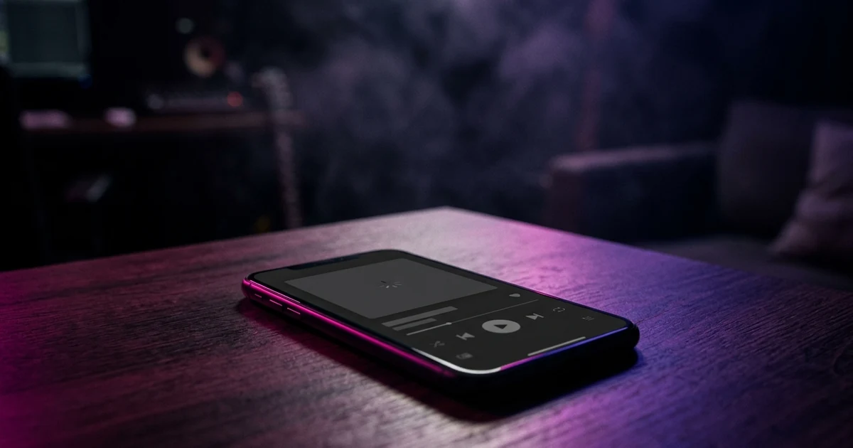 A phone lying face up on a dark table, its screen showing a music player with an empty black rectangle where a looping visual should be, magenta and violet light spilling across the surface from off frame.
