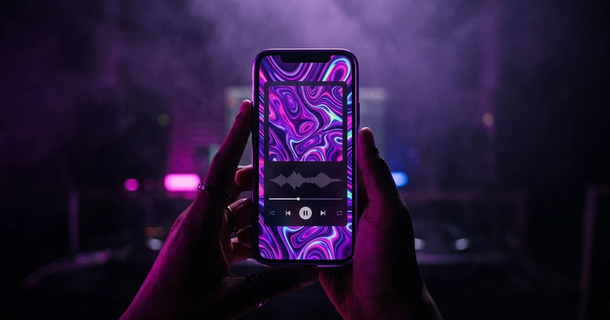 A phone held vertically in a dark room showing a looping abstract clip behind a music player, the screen's tall 9:16 frame lit in violet.