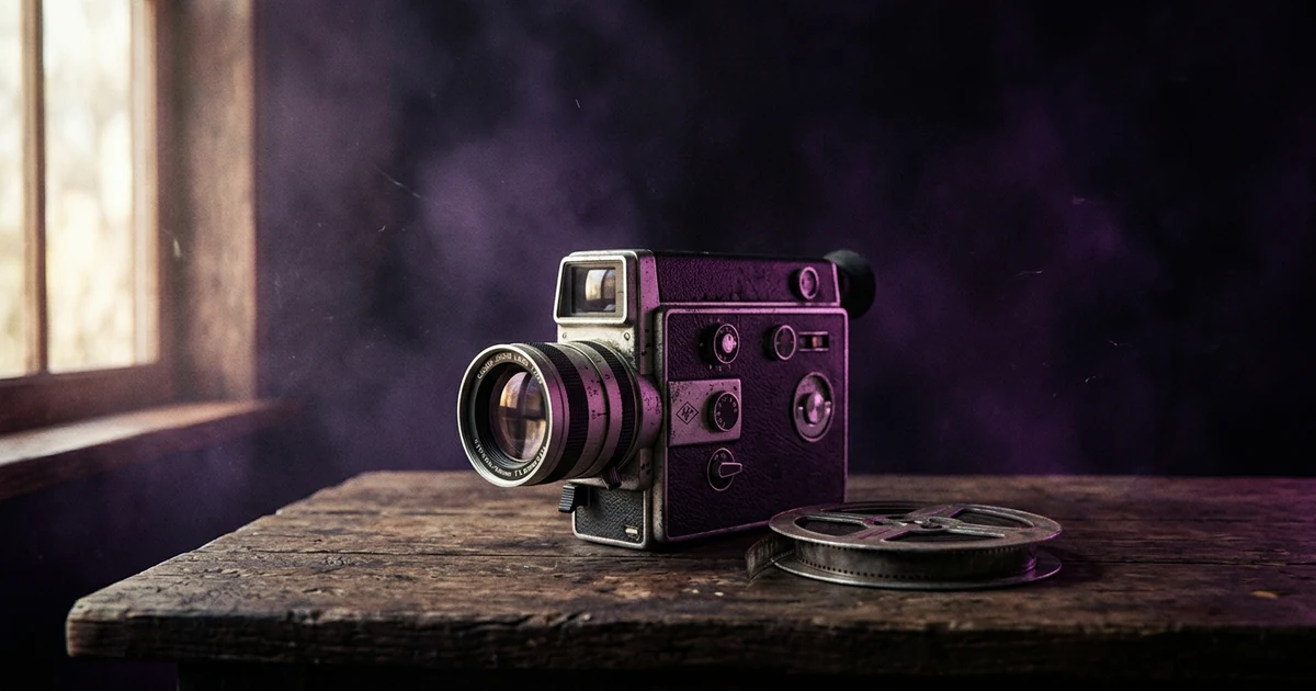 A vintage Super 8 film camera and a small reel on a wooden table on a worn wooden table in a dim, moody room, a window glowing at the left edge.