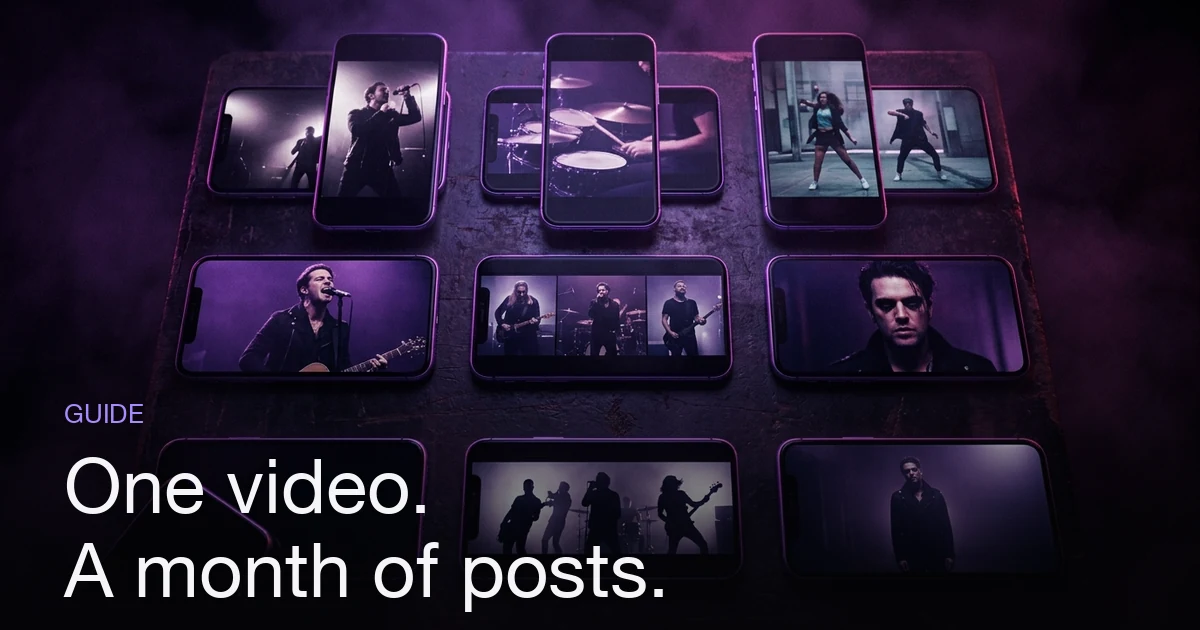 A grid of vertical phone screens on a dark surface, each showing a different moment cut from the same music video, lit by a violet glow.