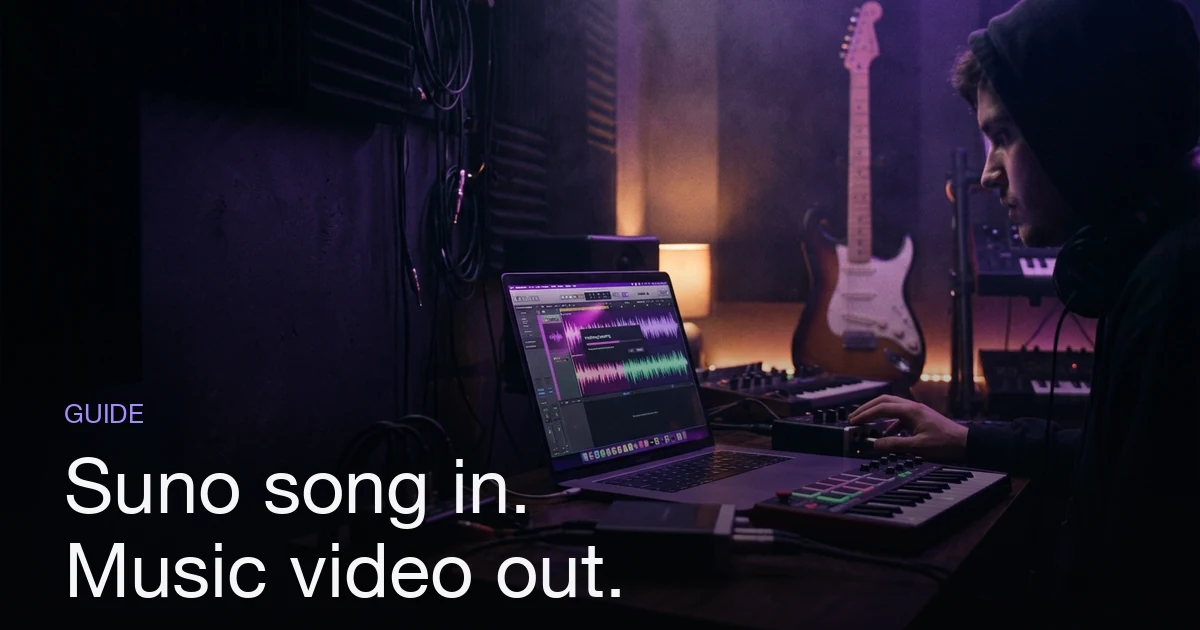 A bedroom music studio at night: a laptop screen glowing with an audio waveform mid-export, an electric guitar out of focus behind it, violet and amber light.