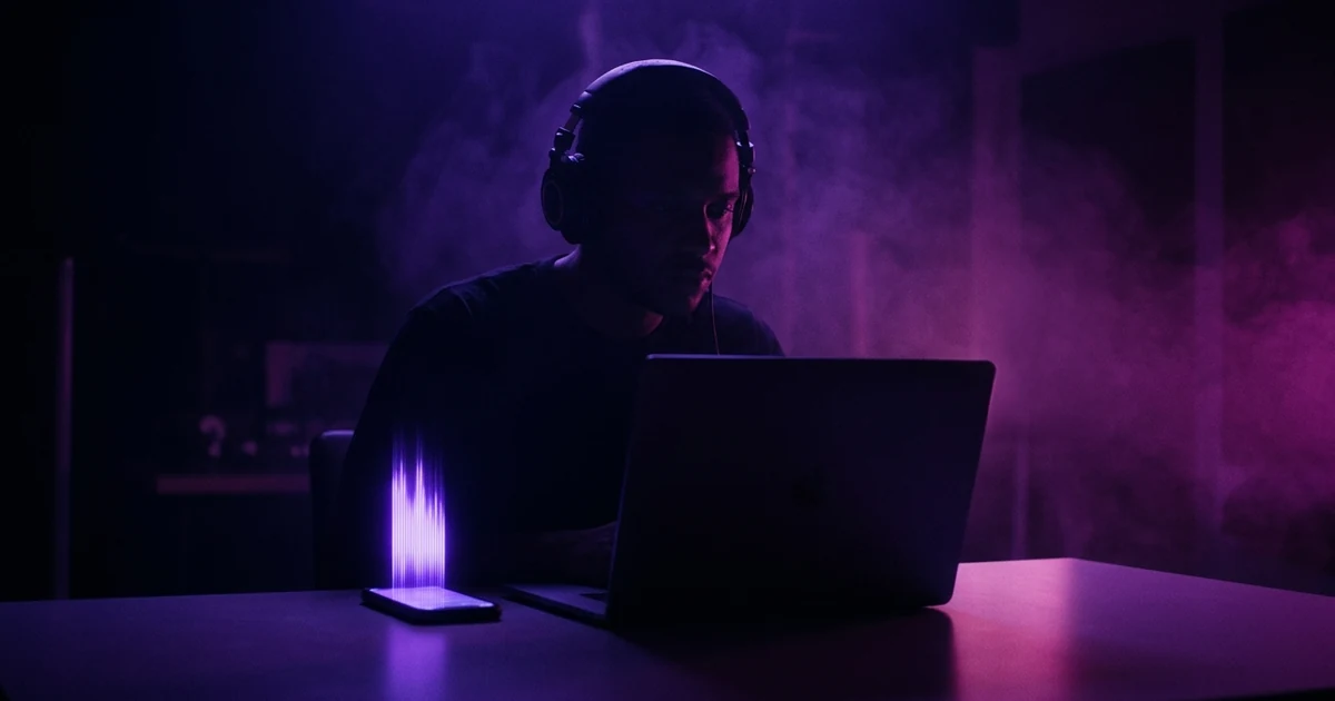 A laptop and a phone on a desk, the phone showing a glowing vertical violet visual, a headphone-wearing silhouette beside them in cool violet light.