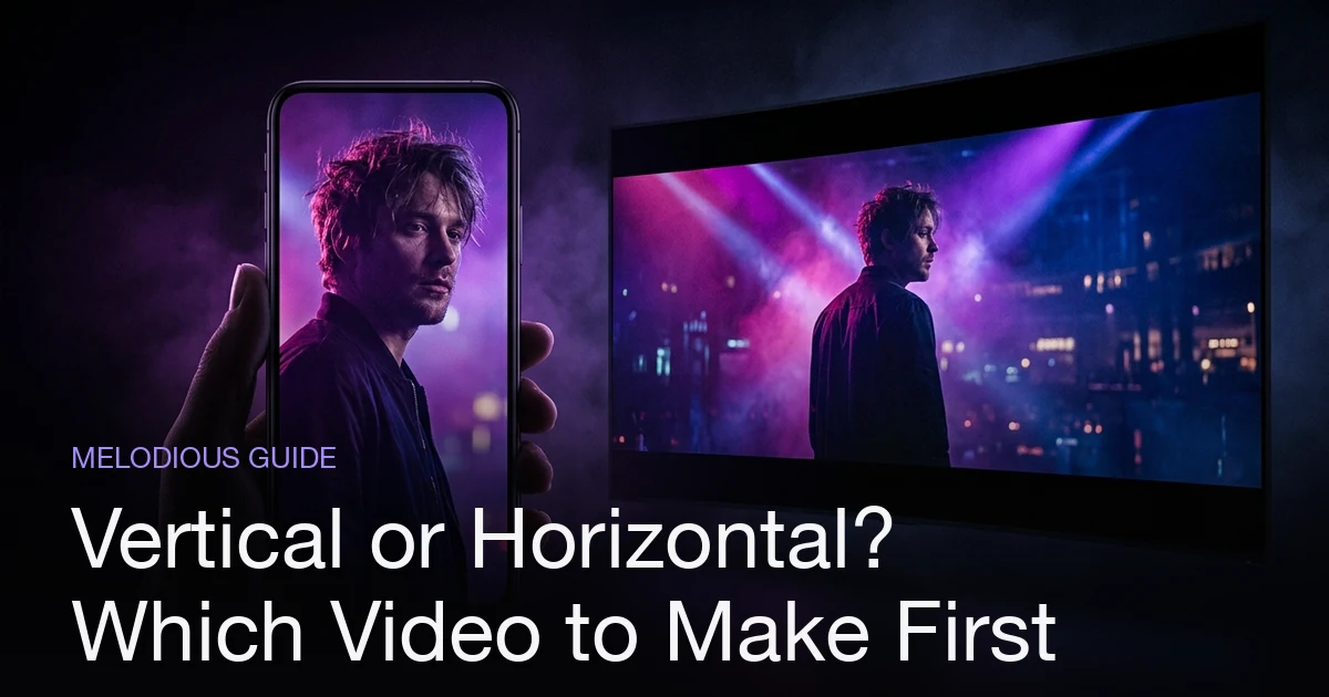 A vertical 9:16 phone screen beside a wide 16:9 cinema screen, the same music-video artist framed in both formats.