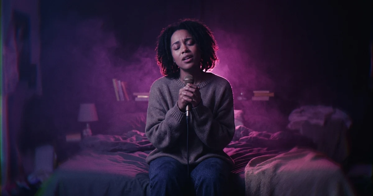 A soft, washed-out frame of a singer in a bedroom with tape noise and colour bleeding at the edges, like 1990s camcorder footage.