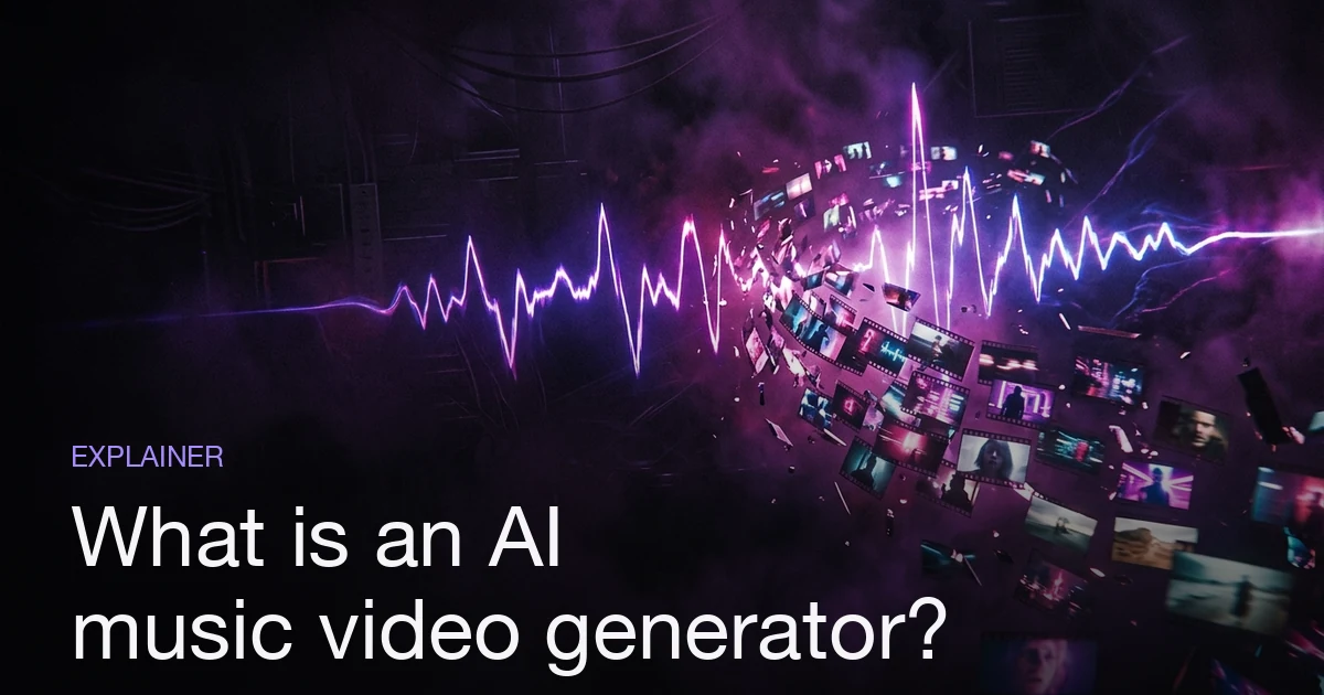 An abstract visualization of a soundwave transforming into film scenes in violet and magenta.
