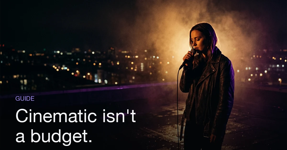 Cinematic music video frame — a singer backlit by a single amber source through haze on a night rooftop, city lights soft and out of focus behind her.
