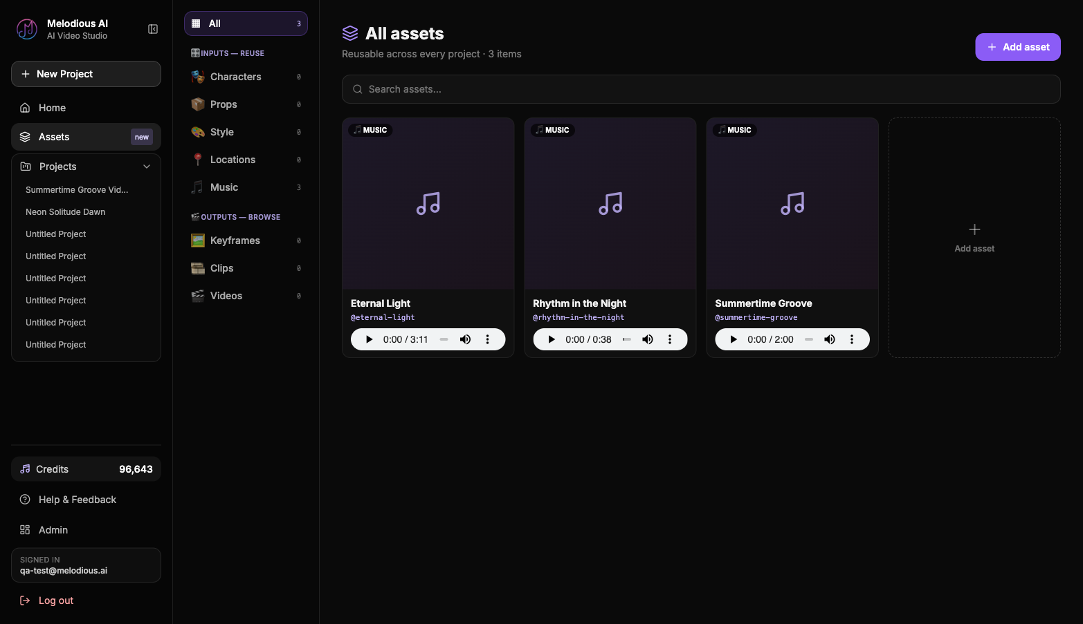 Your asset library in Melodious, where saved characters, styles, and songs live for reuse across projects.
