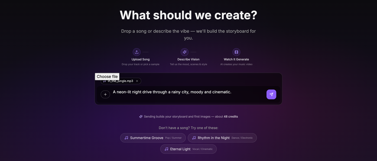 The Melodious create screen with a song attached and a prompt typed. Under the composer: "Sending builds your storyboard and first images — about 48 credits".