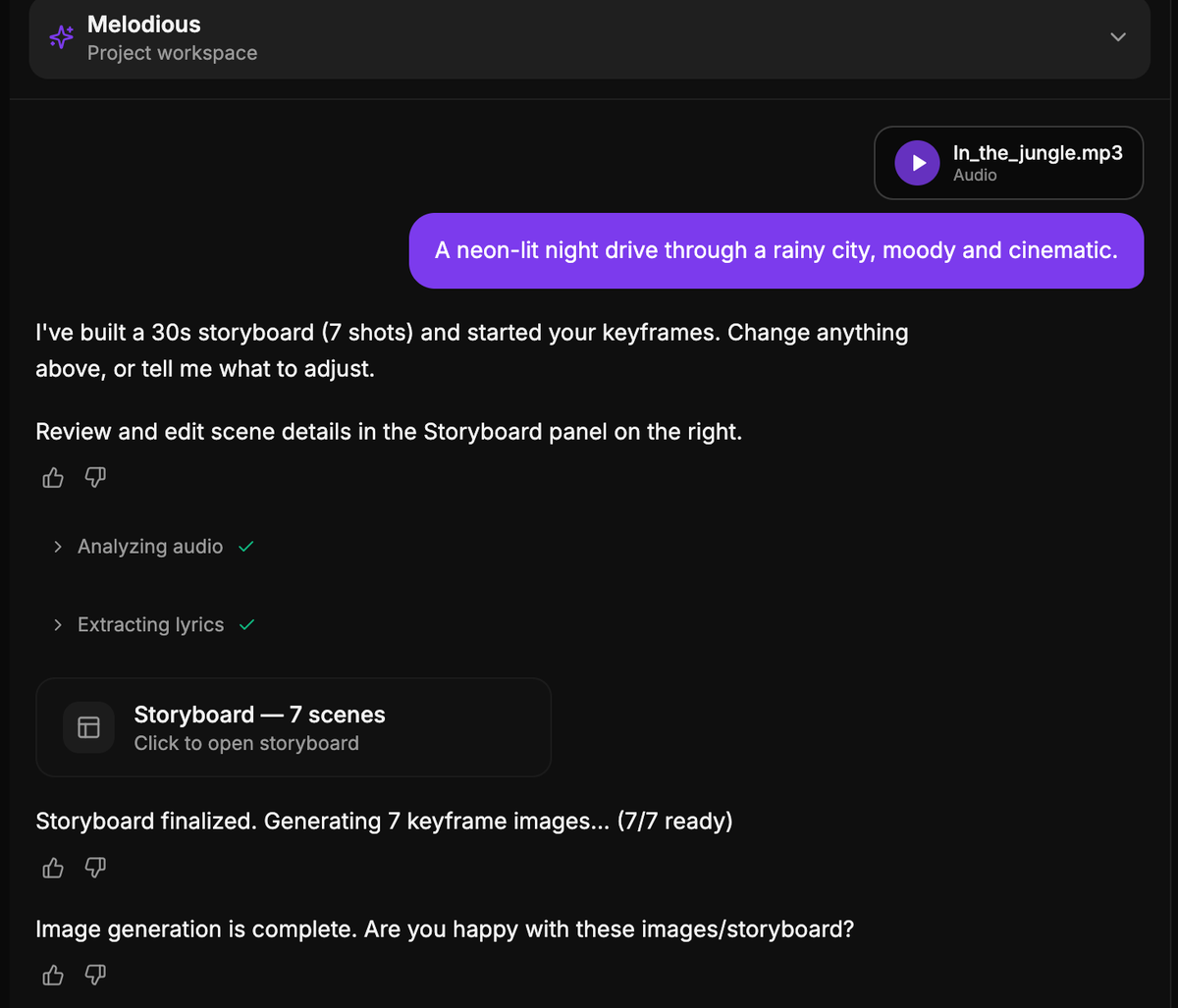 The Melodious chat after one message: "I've built a 30s storyboard (7 shots) and started your keyframes", followed by Analyzing audio, Extracting lyrics, a Storyboard card with 7 scenes, and "Storyboard finalized. Generating 7 keyframe images... (7/7 ready)".