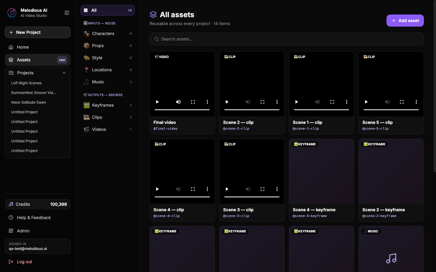 The Assets library: Inputs (Characters, Props, Style, Locations, Music) on the left, and auto-saved Outputs (Keyframes, Clips, Videos) in the grid.