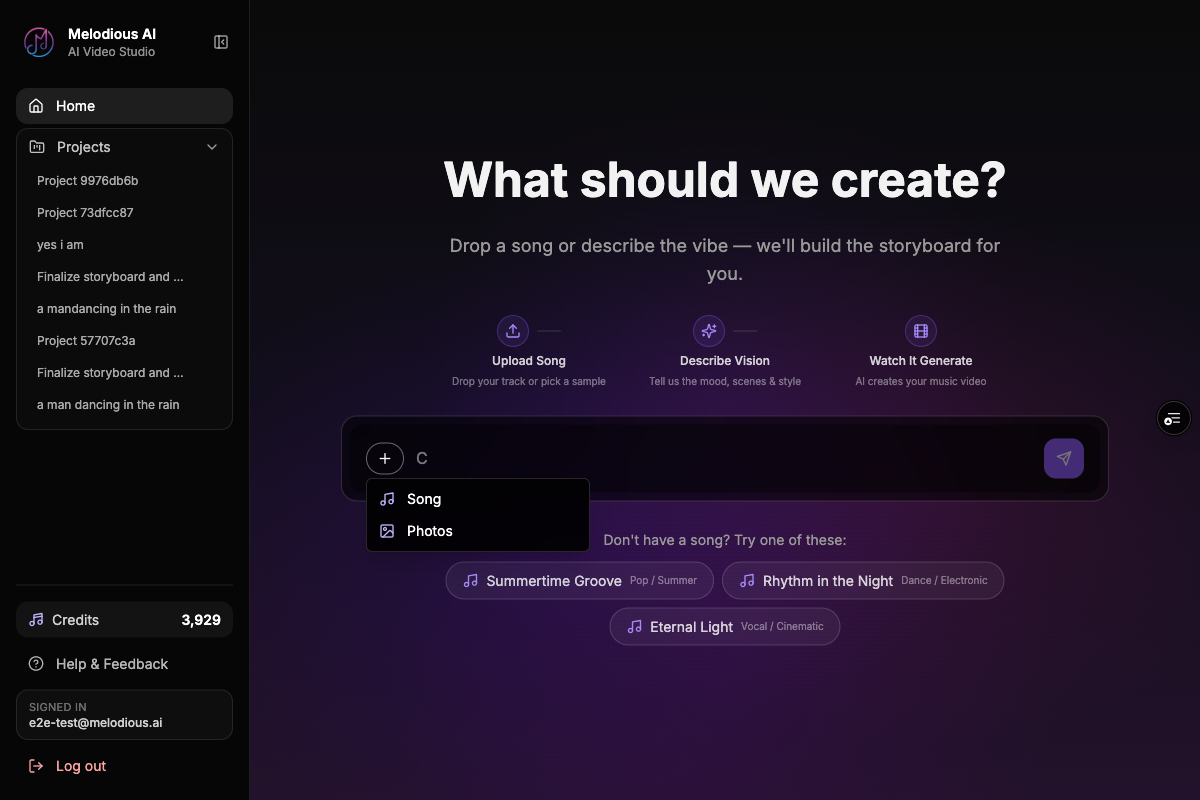Uploading audio in Melodious to start a music video